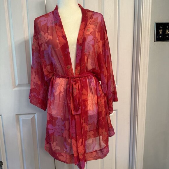 Victoria’s Secret Women’s Size OS Robe Chiffon Sheer Red Pink Floral Intimate - Picture 1 of 12